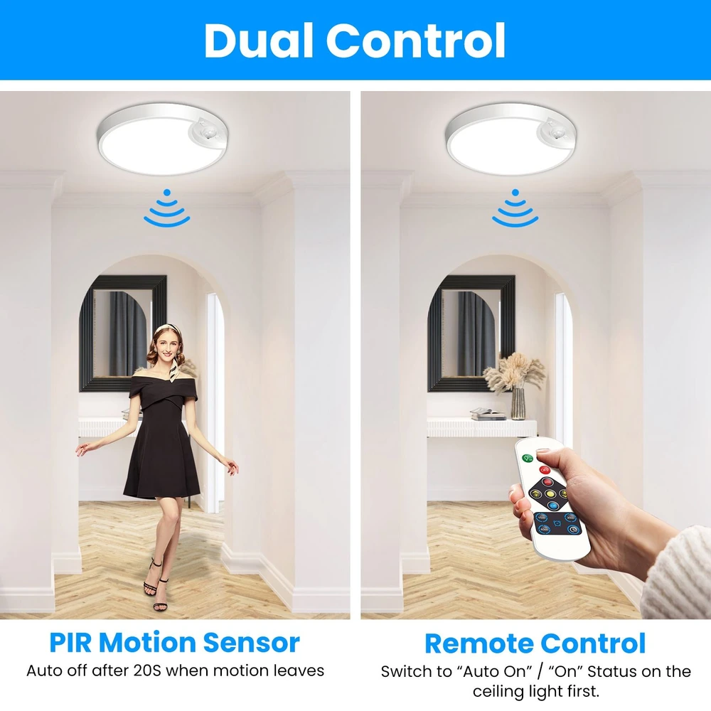 Ceiling light fixture showcasing dual control features: PIR motion sensor that auto shuts off after 20 seconds of no motion, and remote control operation. Modern design set in a stylish interior with wooden flooring and decorative elements.