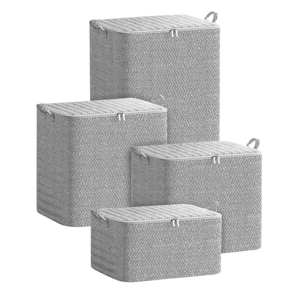 Set of four decorative storage bins with a herringbone pattern, featuring removable lids and handles for easy organization and transport.