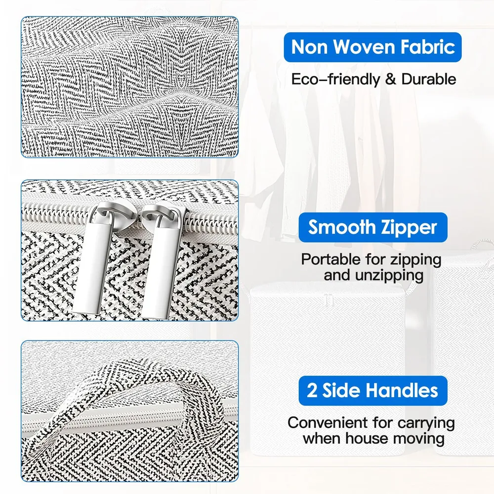 Eco-friendly non-woven storage bag featuring a smooth zipper and two side handles for easy carrying during moving or organization.