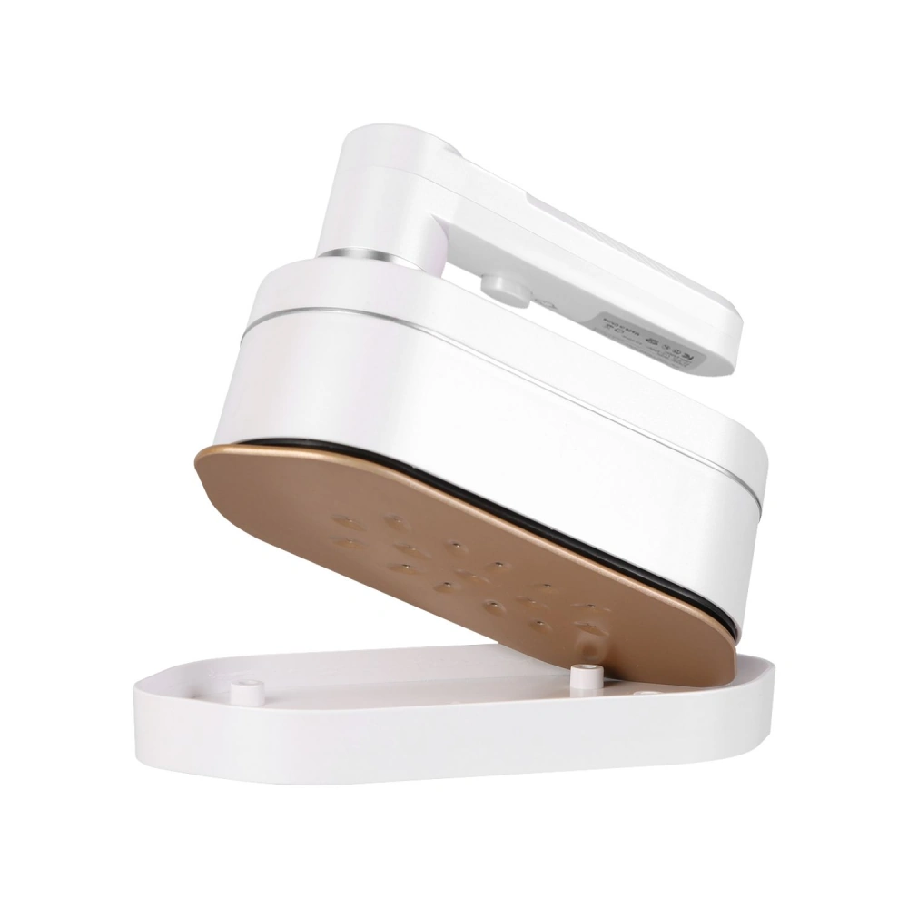 Portable handheld garment steamer with a sleek white design and gold base, ideal for wrinkle removal and travel.