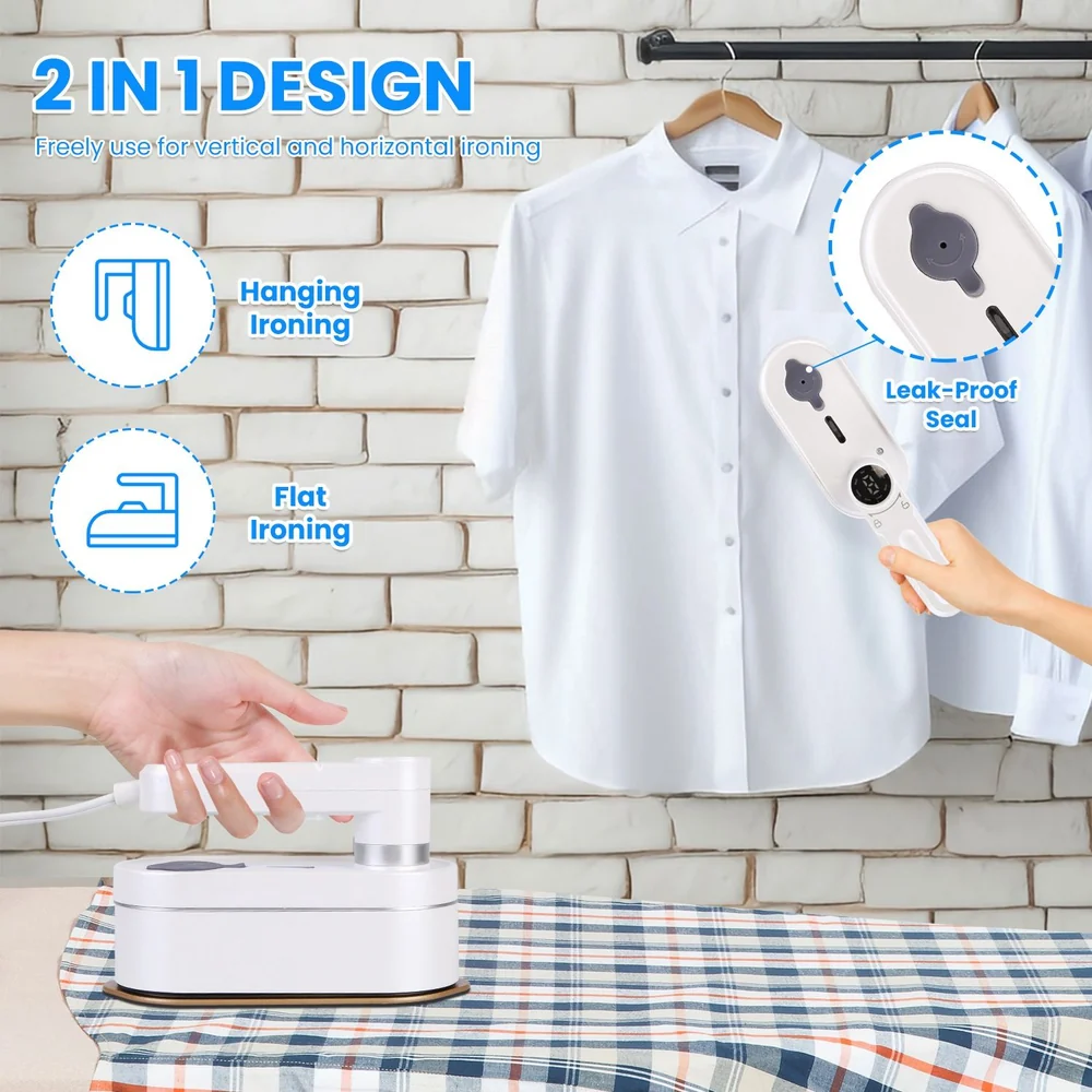 Compact 2-in-1 steam iron for flat and vertical ironing, featuring a leak-proof seal, showcased with a white shirt hanging on a wall and a plaid fabric on a flat surface.