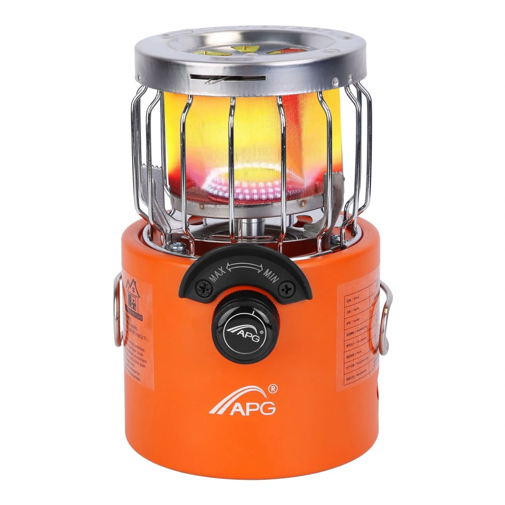 Compact orange camping lantern with adjustable flame control and protective metal grill, ideal for outdoor adventures and emergency lighting.