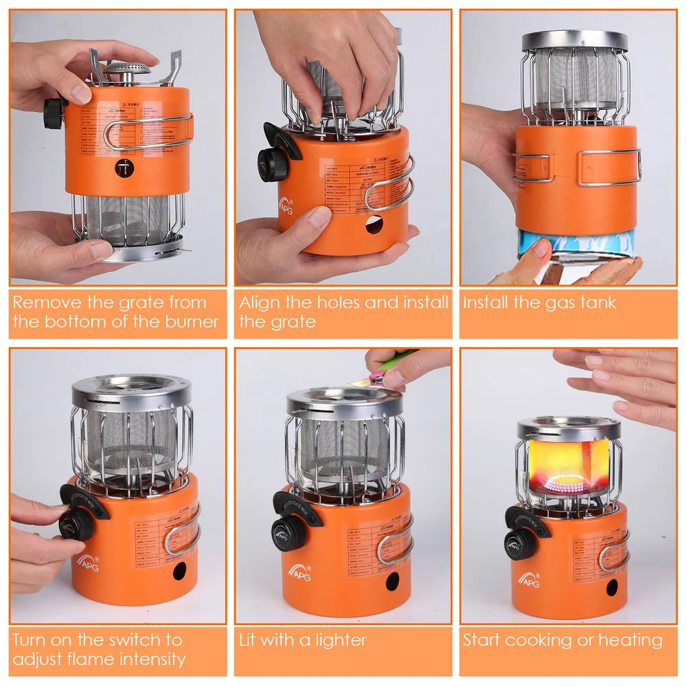 Step-by-step guide for operating a portable gas burner, showing hands removing the grate, installing the gas tank, adjusting the flame, and igniting the burner, with an orange and silver design.