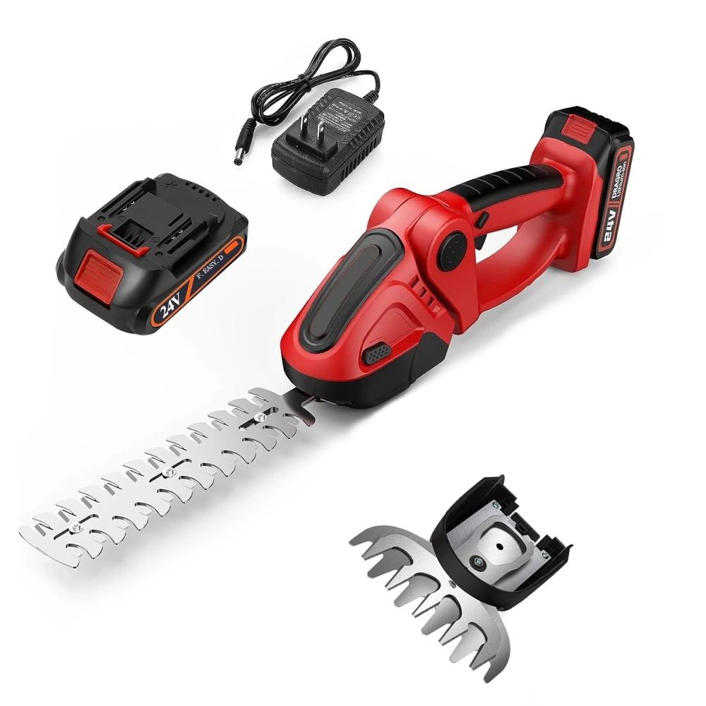 Cordless electric garden shear set, featuring a red ergonomic handle, stainless steel blade, 2.4V battery, charger, and additional tool attachment for efficient trimming and gardening tasks.
