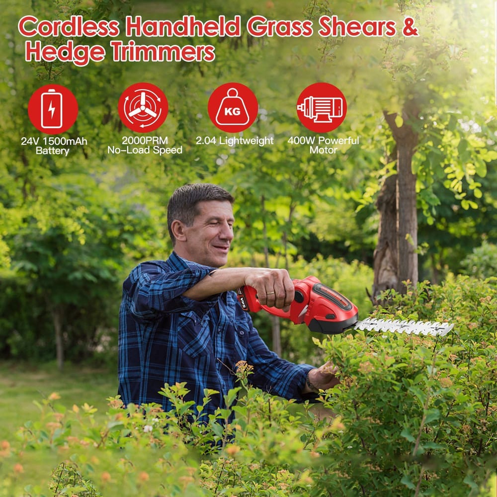 Cordless handheld grass shears and hedge trimmers, featuring a lightweight design, powerful 400W motor, and 24V rechargeable battery, used by a person to trim hedges in a lush garden setting.