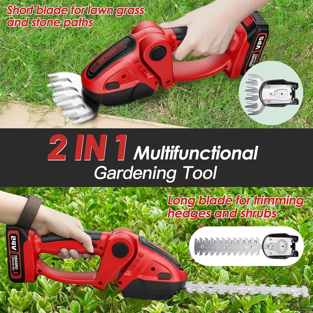 2-in-1 multifunctional gardening tool featuring a short blade for lawn grass and stone paths, and a long blade for trimming hedges and shrubs, held by a user in a garden setting.