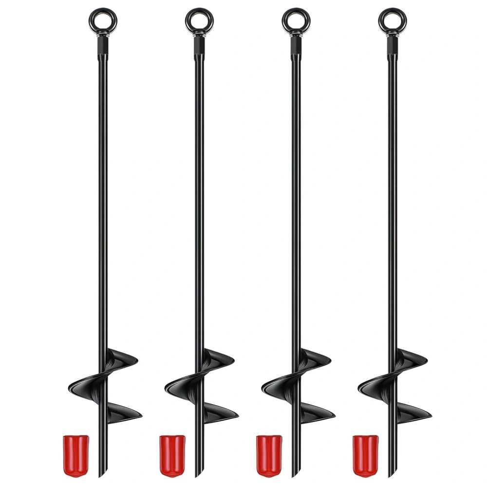 Set of four black metal auger screws with red caps, designed for digging and anchoring in various outdoor projects.