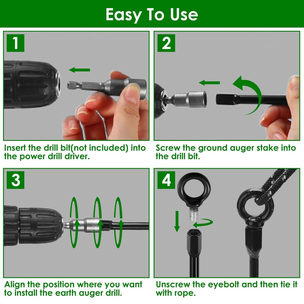 Step-by-step instructions for using a ground auger drill with a power drill, featuring visuals of inserting drill bits, screwing in auger stakes, aligning positions, and tying off with rope for effective installation.