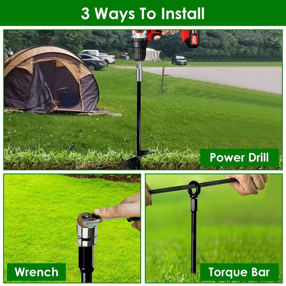 Image showcasing three installation methods for a ground anchor: using a power drill, wrench, and torque bar, with a camping tent and grassy area in the background.