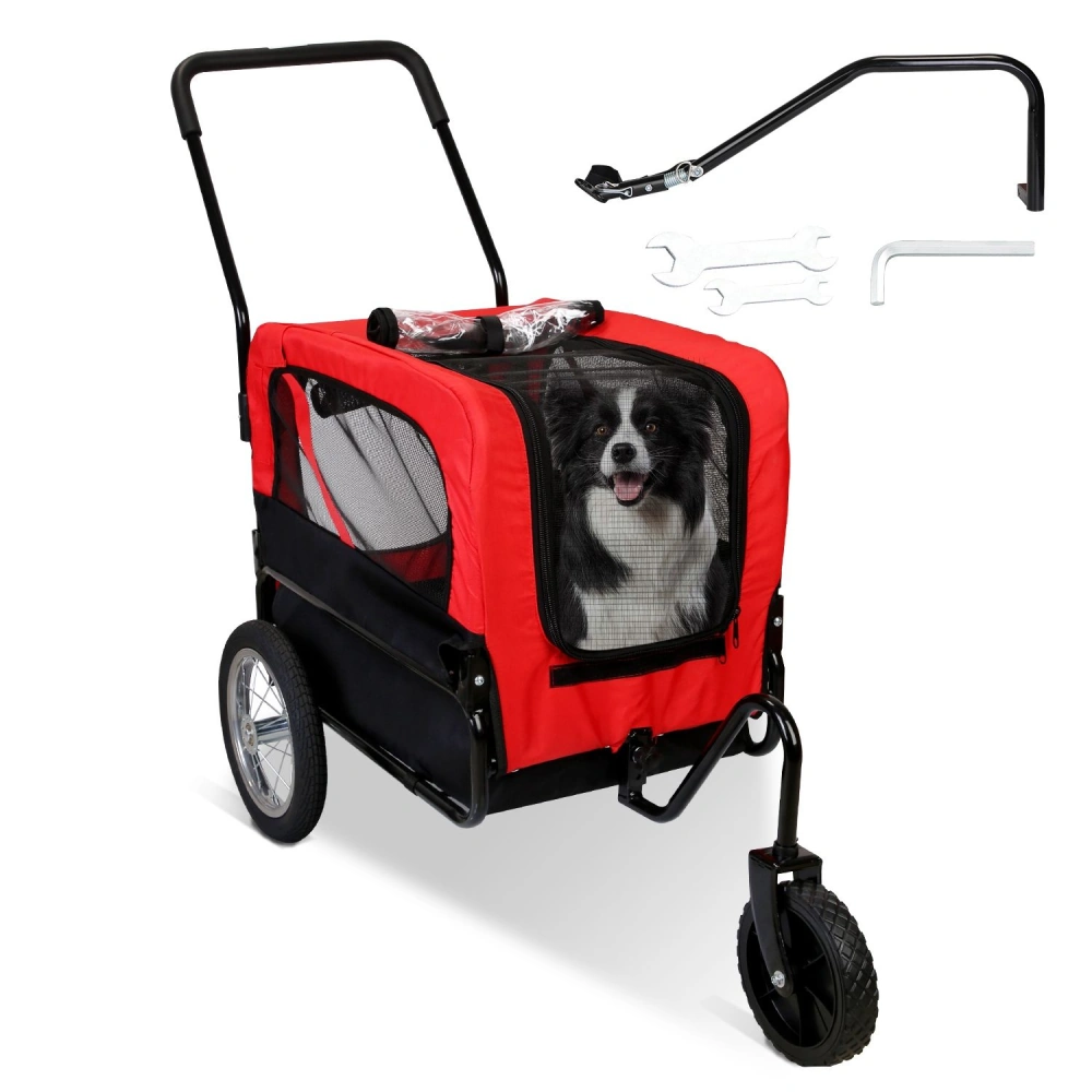 Dog stroller in vibrant red with a mesh window, featuring a happy black and white dog inside, alongside assembly tools including a curved handle, wrenches, and an Allen key.