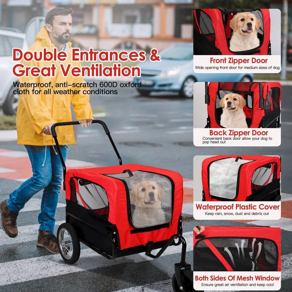 Durable dog stroller with double entrances, waterproof 600D oxford fabric, and large mesh windows for optimal ventilation, showcasing a happy dog inside while being pushed by a person in a raincoat on a city street.