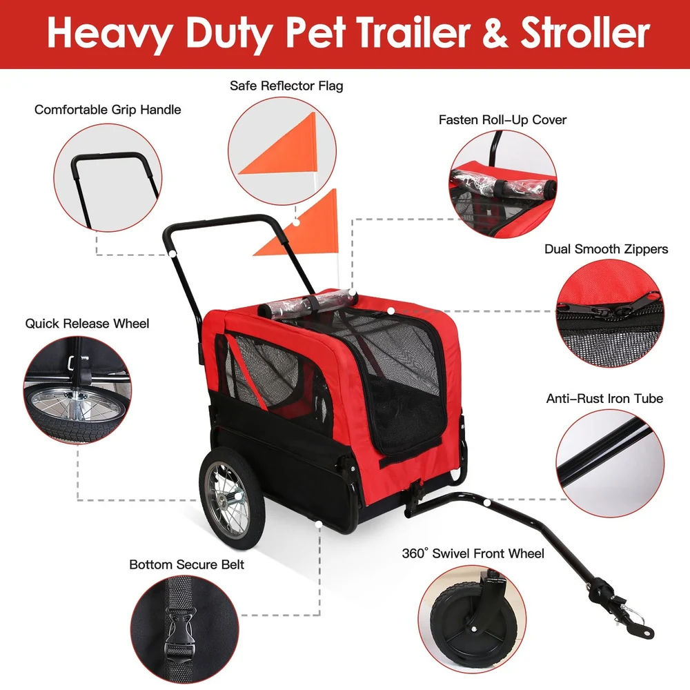 Heavy duty pet trailer and stroller in red featuring a mesh top, comfortable grip handle, quick release wheels, 360° swivel front wheel, anti-rust iron tube, dual smooth zippers, bottom secure belt, and safe reflector flag for added visibility.