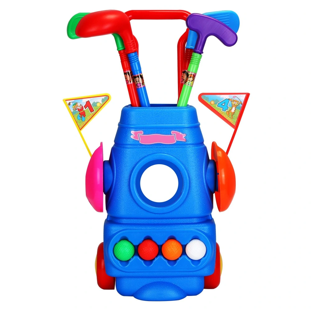 Colorful toy golf set featuring a blue bag with various plastic clubs and flags, designed for kids' imaginative play and outdoor fun.