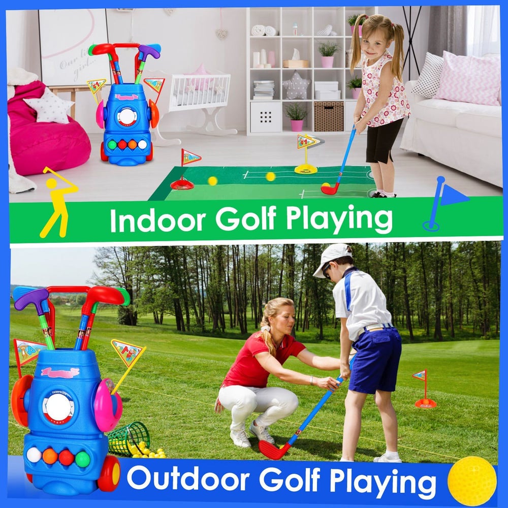 Colorful indoor and outdoor toy golf set for kids featuring child-friendly golf clubs and accessories, encouraging active play and motor skills development.