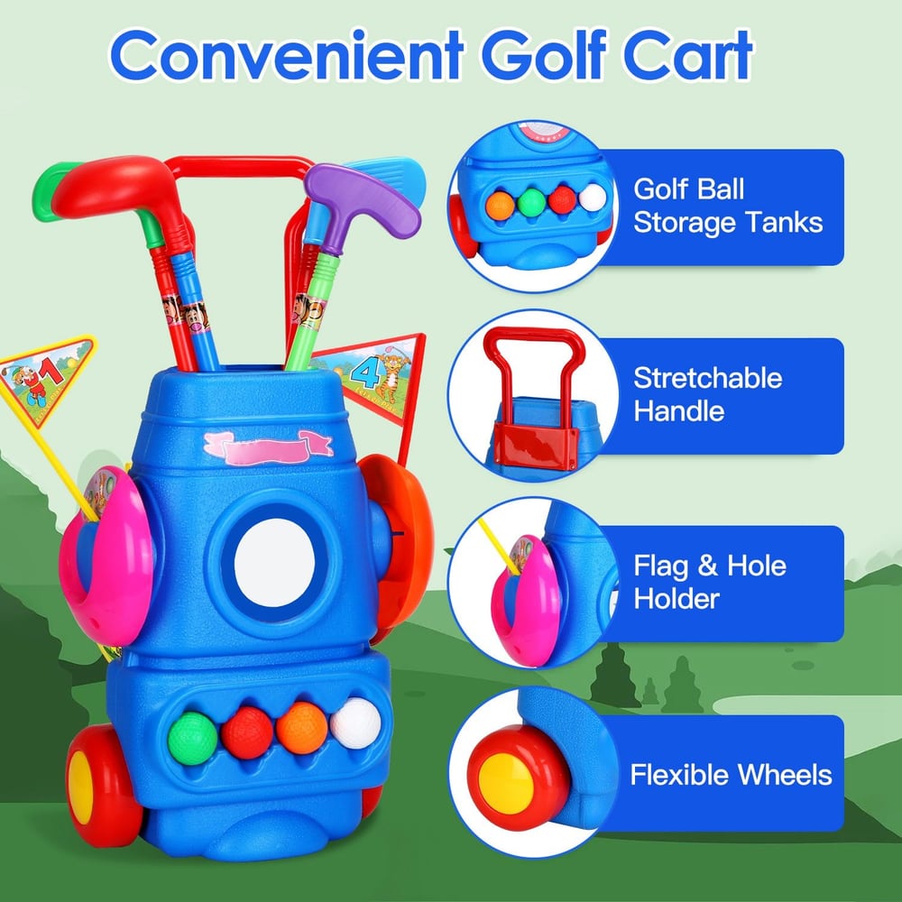 Colorful children's golf cart toy featuring flexible wheels, a stretchable handle, golf ball storage, and flags for imaginative play.