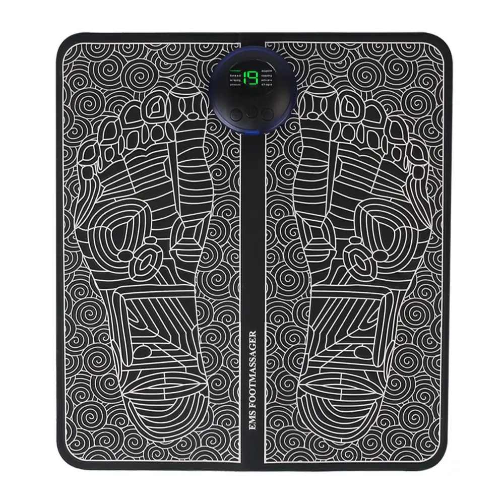 Electrotherapy foot massager mat with intricate footprint design and digital display, ideal for relaxation and foot pain relief.