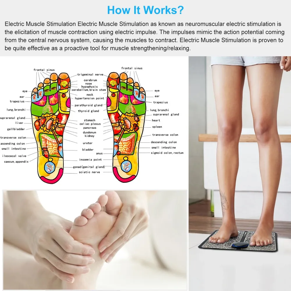 Electric Muscle Stimulation diagram and person using foot massager, showcasing reflexology points on feet and muscle relaxation techniques.