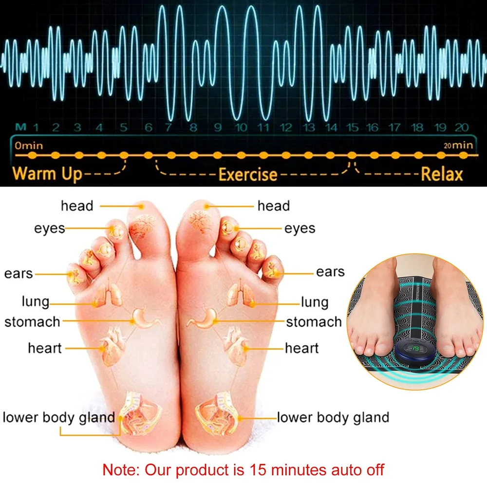 Illustration of a foot reflexology chart showing pressure points for relaxation and exercise, with annotations for head, eyes, ears, lungs, stomach, heart, and lower body glands, alongside a timer indicating a 20-minute session.