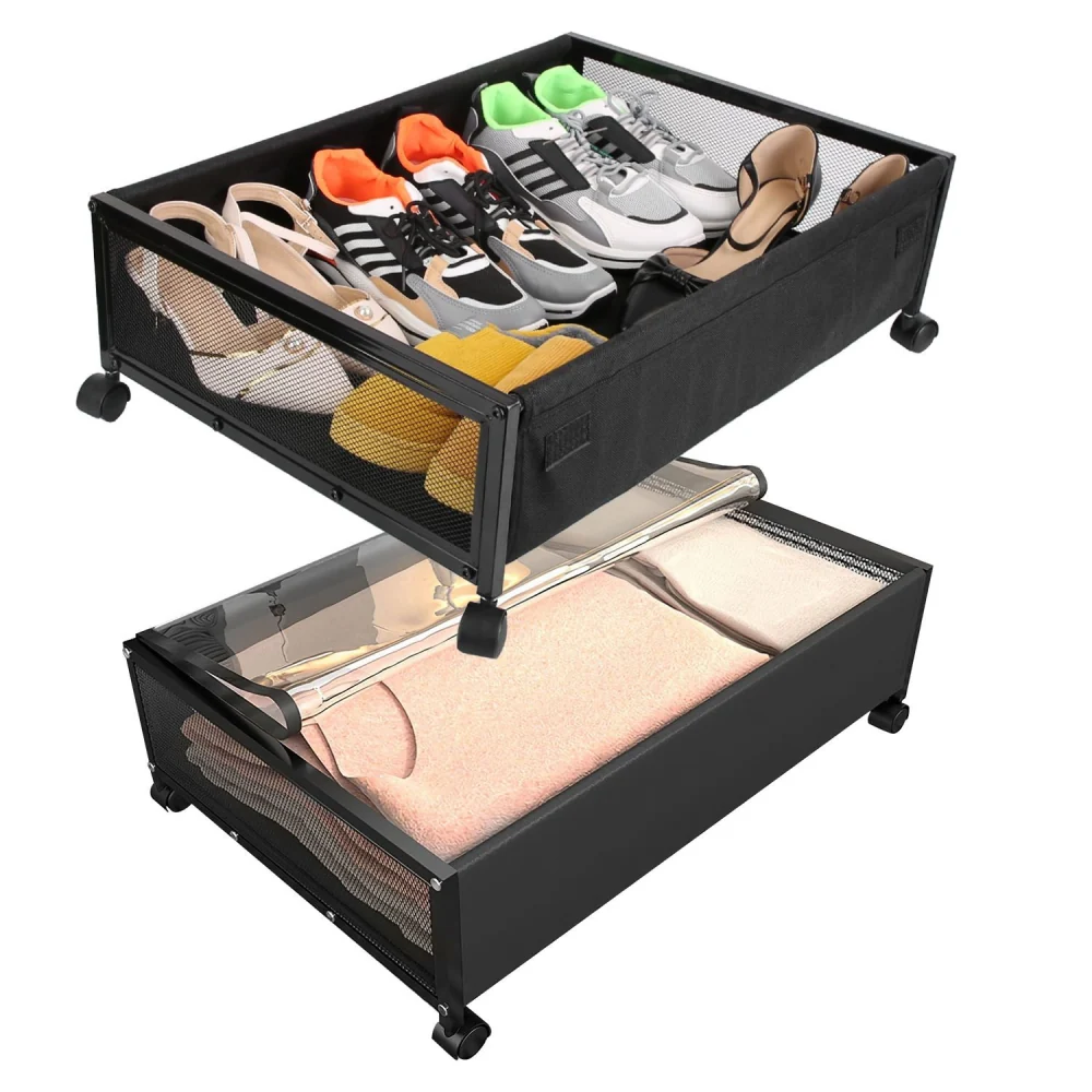 Shoe and blanket storage container on wheels, featuring a mesh top for shoes and a clear cover for folded blankets, ideal for organizing bedroom or closet space.