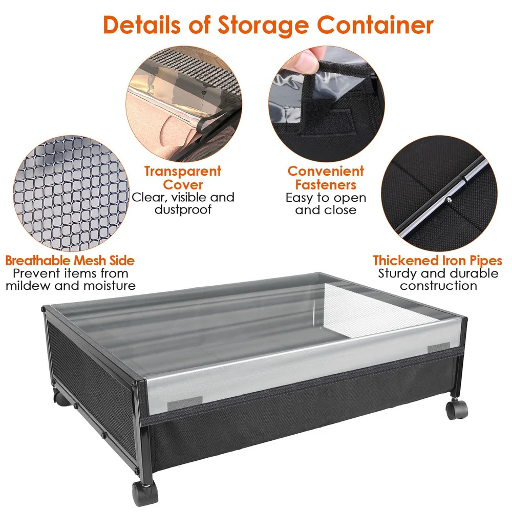 Storage container with transparent cover, breathable mesh side, convenient fasteners, and thickened iron pipes for durability. Perfect for organizing items while preventing mildew and moisture.
