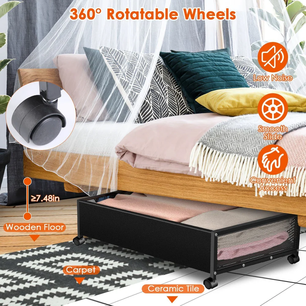 Multi-functional under-bed storage drawer with 360° rotatable wheels, designed for low noise and smooth sliding on various surfaces like carpet, wooden floors, and ceramic tiles.