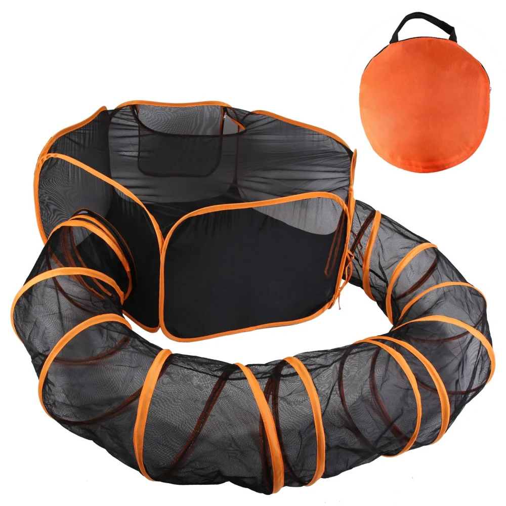 Flexible pet playpen with mesh design and orange trim, featuring a collapsible tunnel and a circular storage bag.