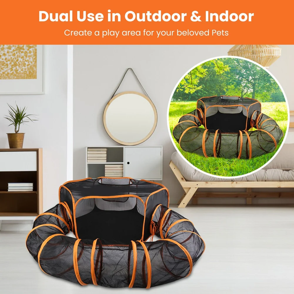 Indoor and outdoor pet playpen in a modern living room setting, featuring a spacious black mesh design with orange trim for safe pet playtime.
