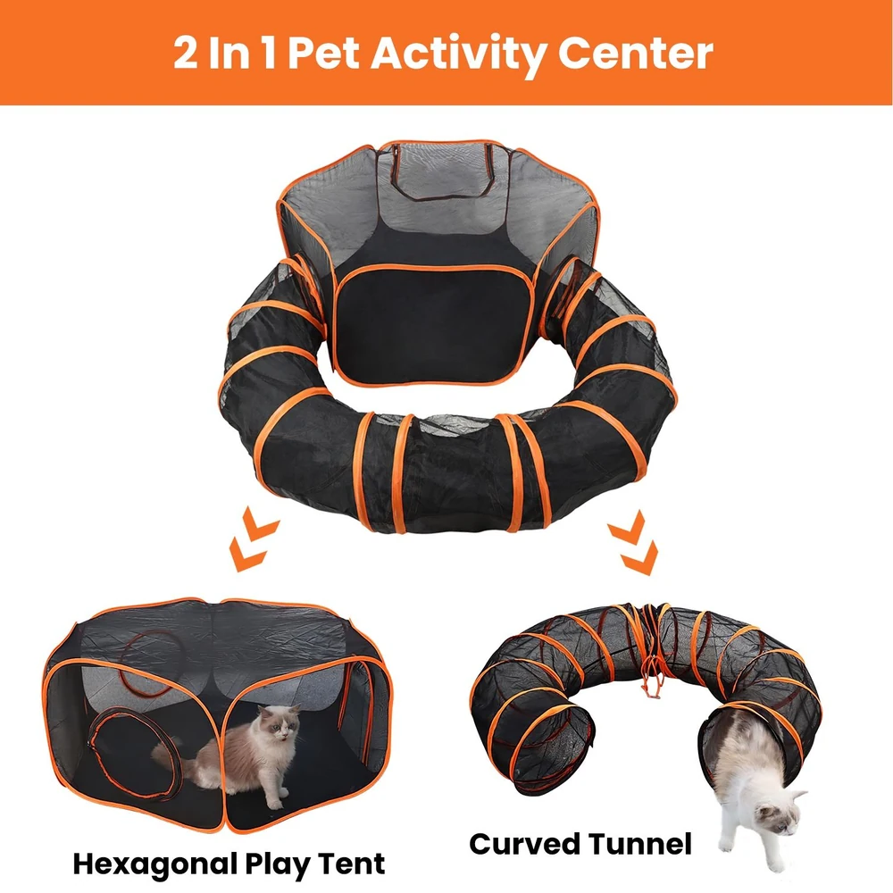 2-in-1 pet activity center featuring a hexagonal play tent and a curved tunnel for cats and small pets, showcasing vibrant orange accents on a black mesh design.