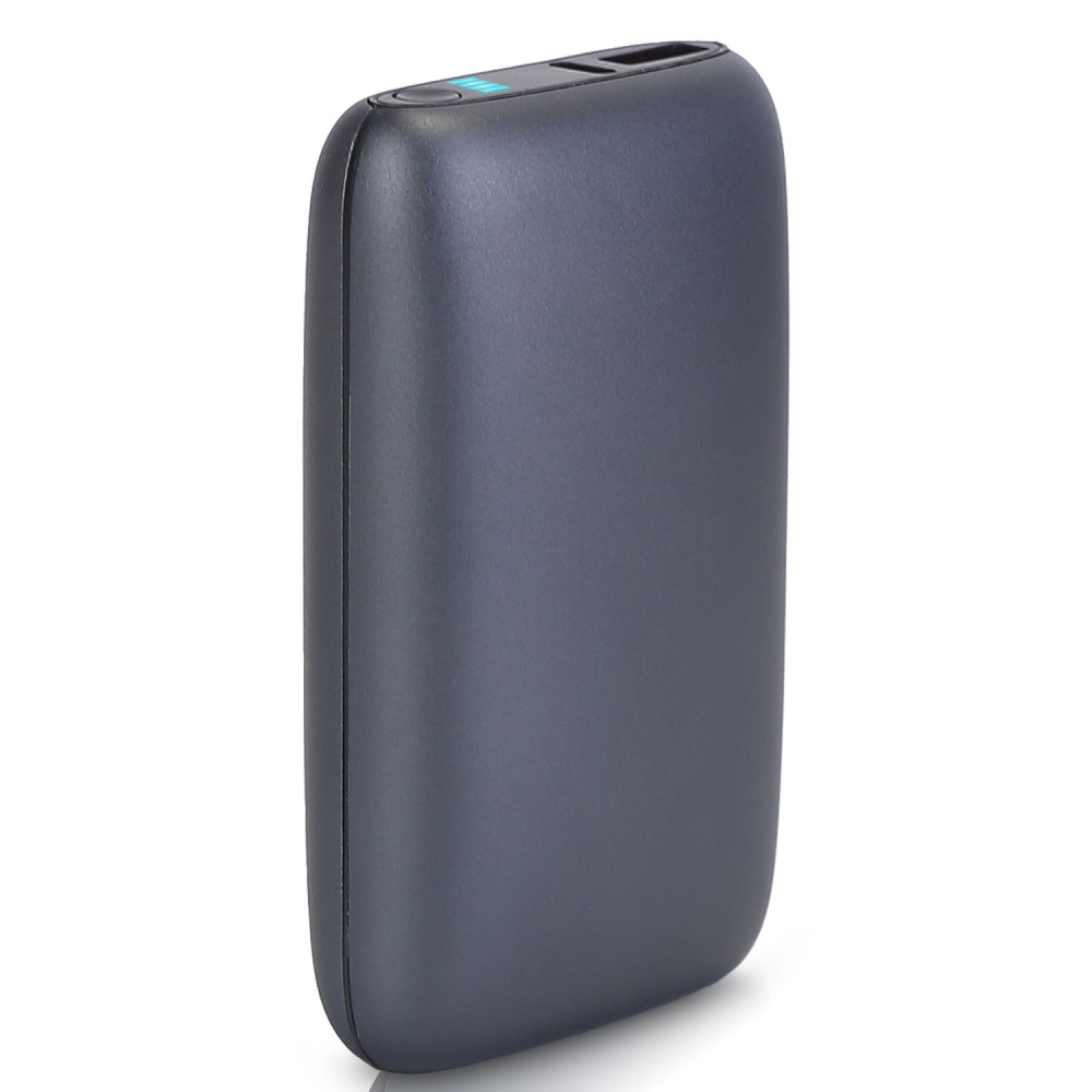 Compact portable power bank in matte black finish with power indicator light and USB port.