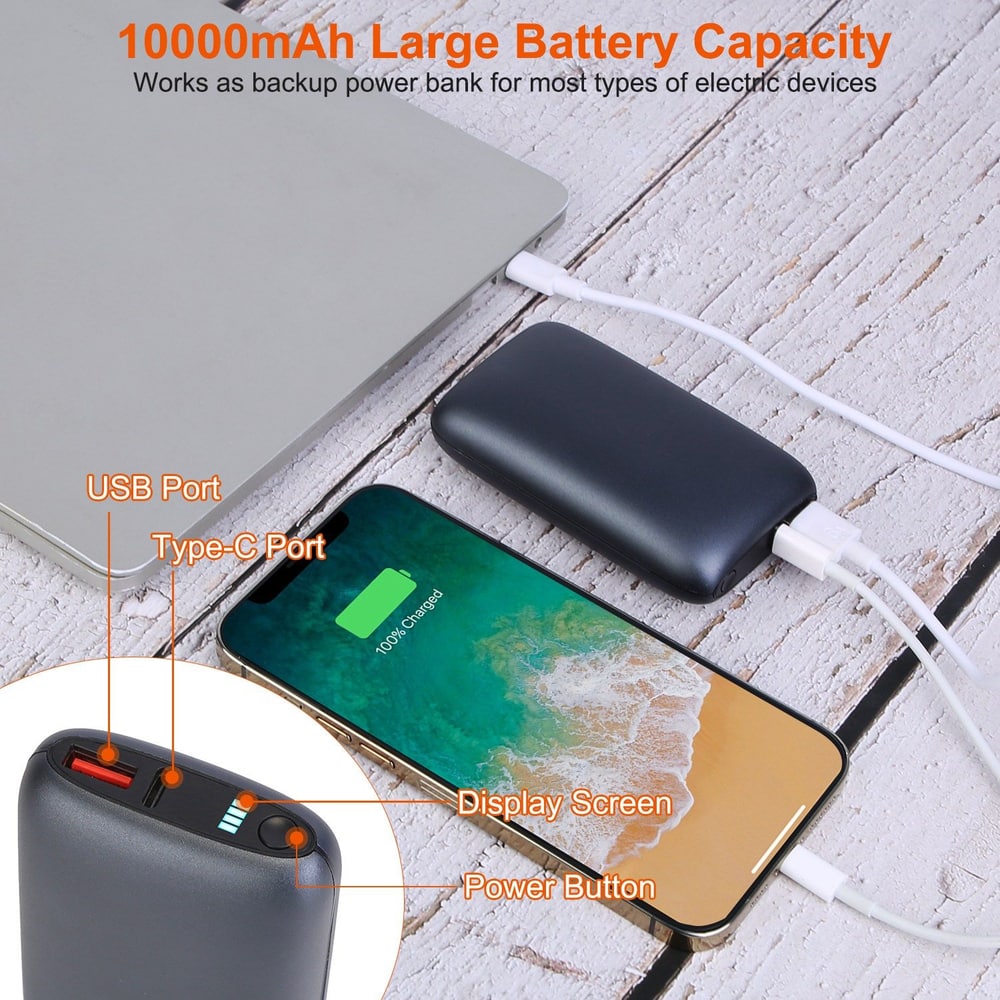 Portable 10,000mAh power bank charging a smartphone, featuring USB and Type-C ports, a display screen indicating charge level, and a power button.