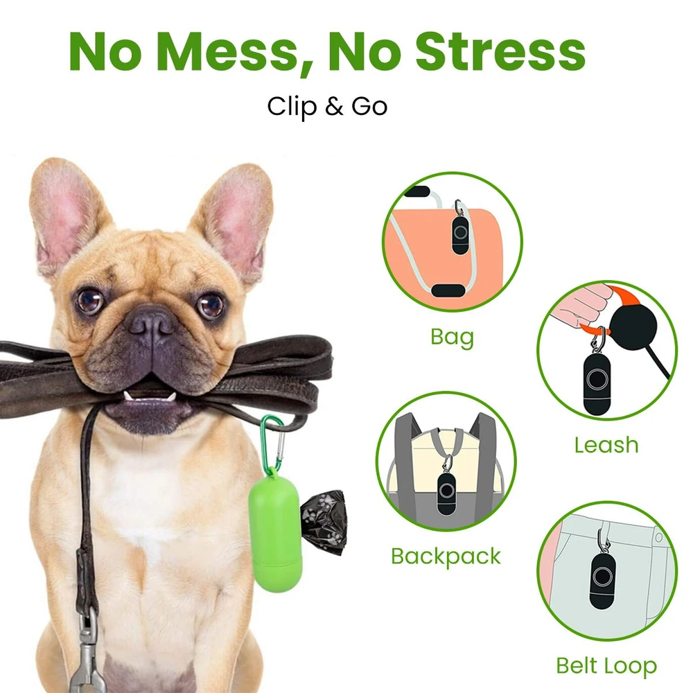 French Bulldog holding a dog leash with a green waste bag dispenser, showcasing the "No Mess, No Stress" Clip & Go product for convenient pet waste disposal, ideal for bags, leashes, backpacks, and belt loops.
