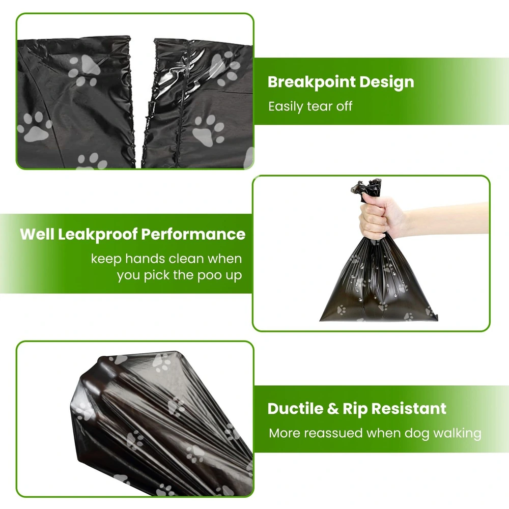Dog waste bags featuring a breakpoint design for easy tearing, leakproof performance for cleanliness, and ductile, rip-resistant material for safe handling during walks.