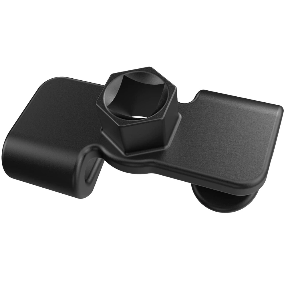 Black metal tool with a hexagonal opening for nuts and bolts, designed for durability and precision in mechanical applications.