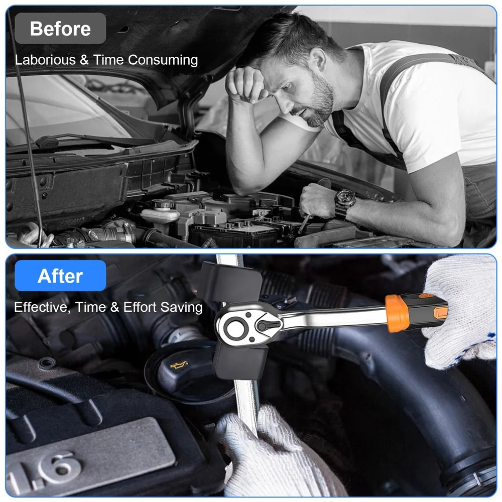 Before and after image showing the difference in using a ratchet wrench for car repairs; the top half depicts a frustrated mechanic with a traditional wrench, while the bottom half showcases the ease and efficiency of using a ratchet wrench on an engine component.