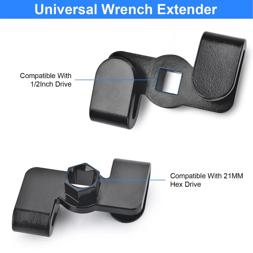Universal Wrench Extender featuring compatibility with 1/2 inch drive and 21mm hex drive, designed for enhanced torque and accessibility in tight spaces.
