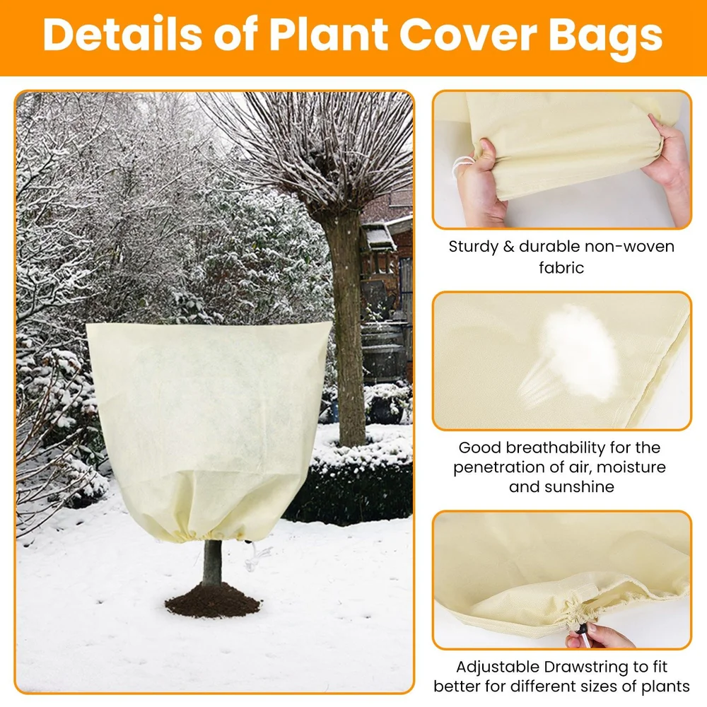 Plant cover bag displayed in a snowy garden, showcasing its sturdy non-woven fabric, breathable design for air and moisture, and adjustable drawstring for versatile plant protection.