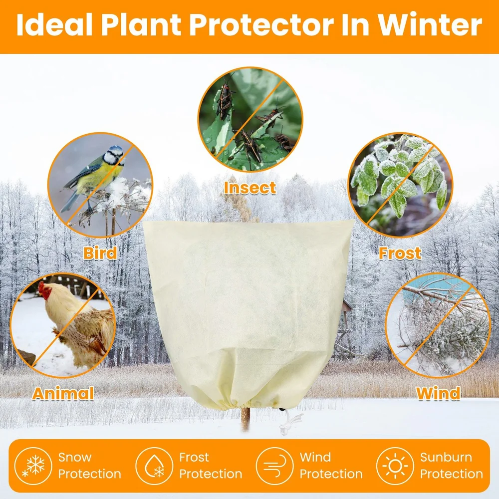 Winter plant protector cover showcasing protection against snow, frost, wind, insects, birds, and animals, set in a snowy landscape.