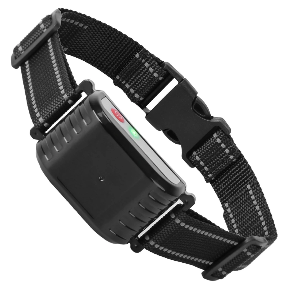 Black adjustable smart collar with a green light, designed for training and monitoring pets, featuring a durable strap and secure buckle.