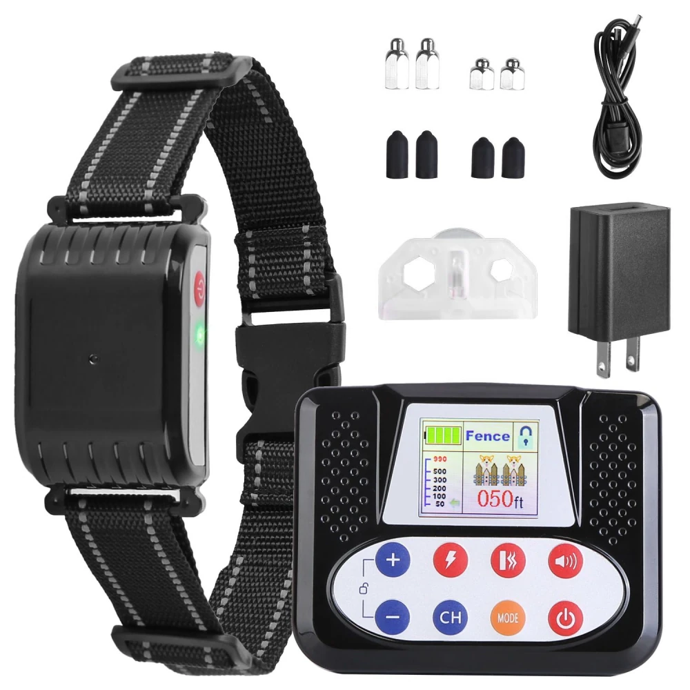 Rechargeable dog training collar with remote control, adjustable strap, and multiple accessories including charging cable and user guide, ideal for effective pet training and safety.