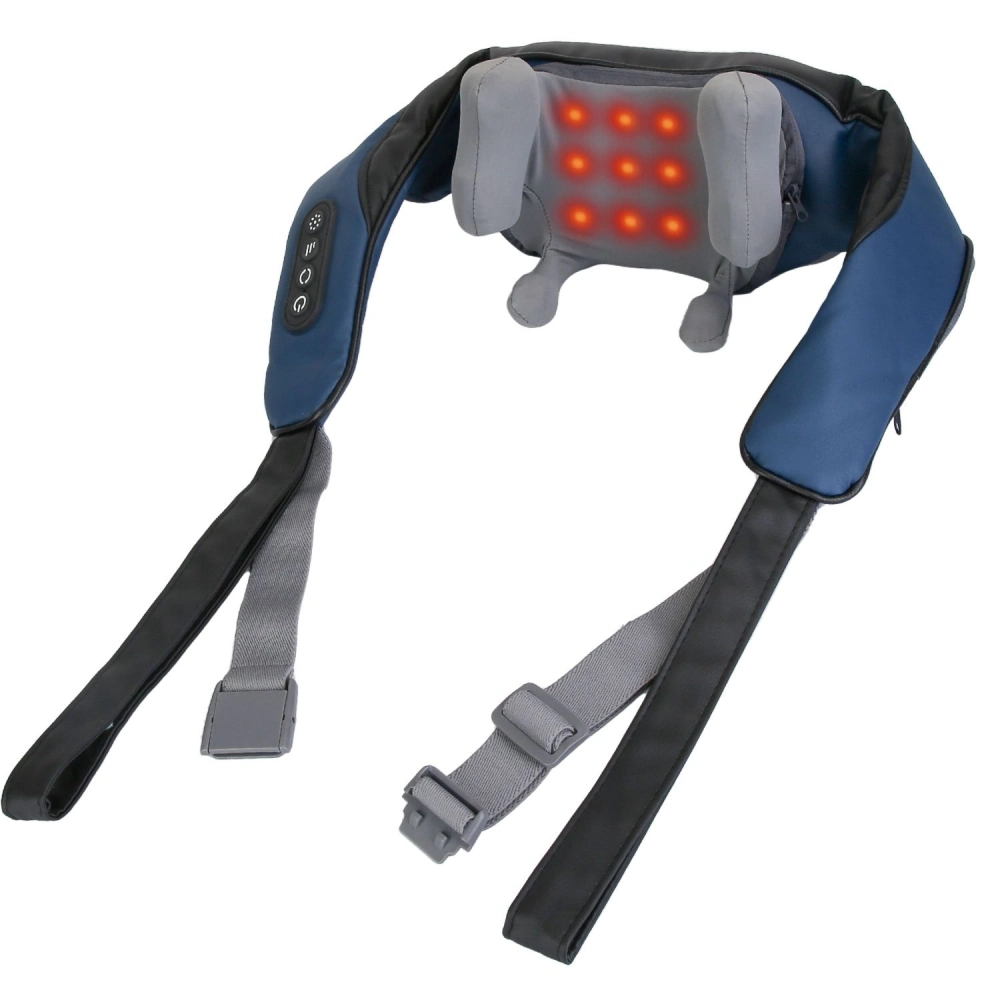 Adjustable heated neck and shoulder massager with LED lights and remote control, designed for relaxing and relieving muscle tension.