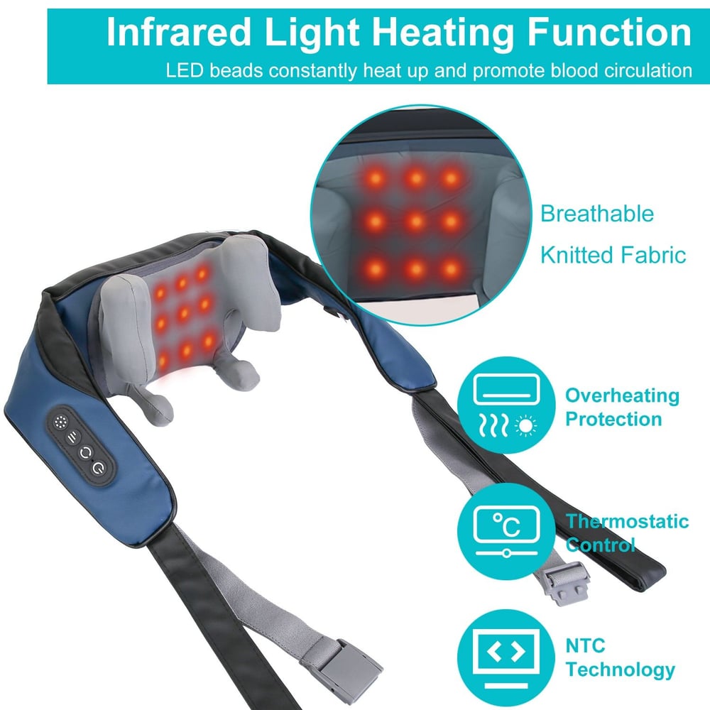 Infrared light heating neck massager with LED beads for blood circulation, featuring breathable knitted fabric and overheating protection controls.
