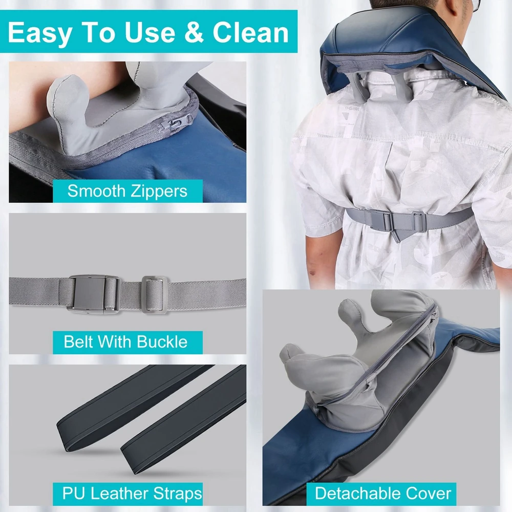 Image of a neck and back massager featuring smooth zippers, a belt with buckle, durable PU leather straps, and a detachable cover, emphasizing ease of use and cleaning.