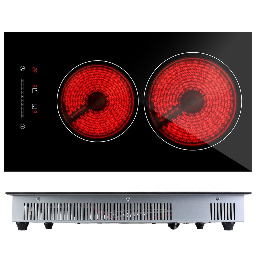 Electric double burner cooktop with red heating elements on sleek black glass surface, featuring digital controls and a modern stainless steel base.