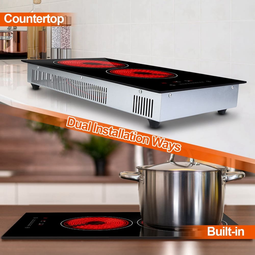 Electric countertop induction cooktop with two burners featuring a sleek black ceramic surface and a stainless steel base, showcasing dual installation options for versatile cooking setups.