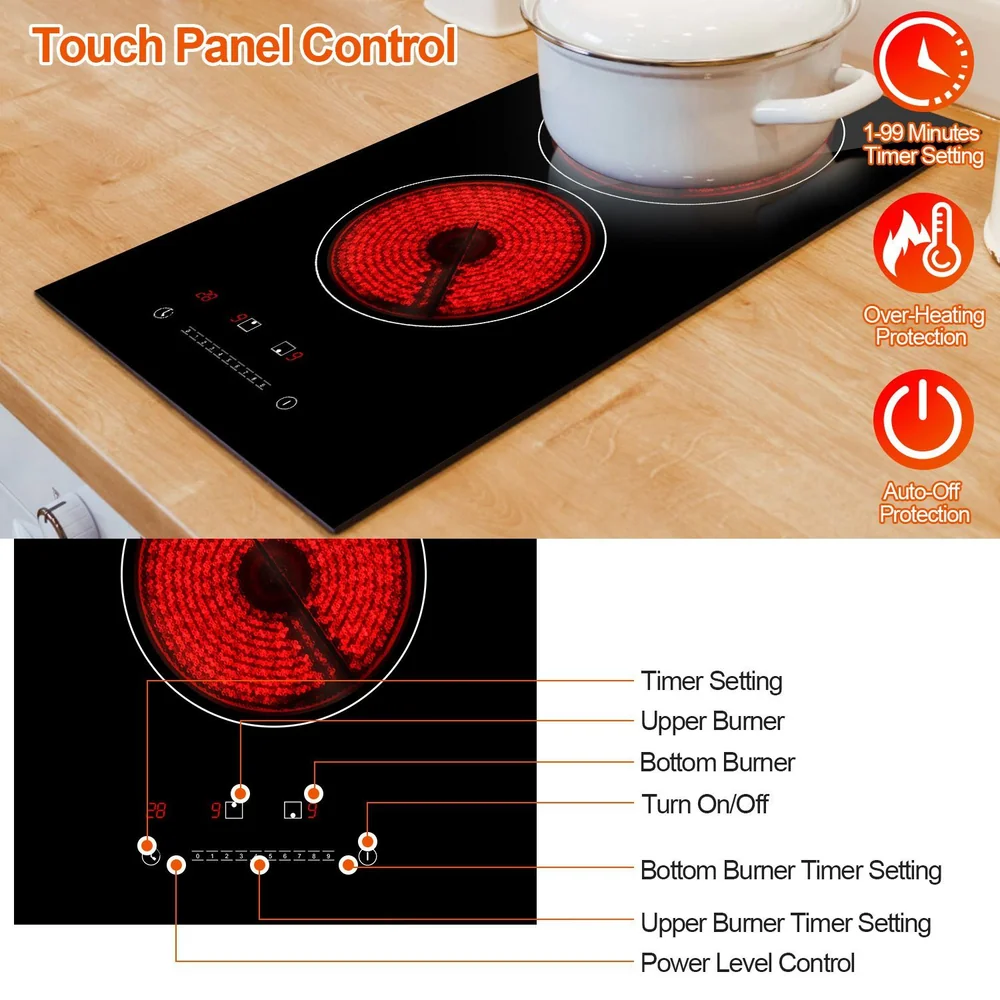 Induction cooktop with touch panel control, featuring two heating zones, timer settings, and safety features like auto-off and over-temperature protection, shown with a pot on a wooden countertop.