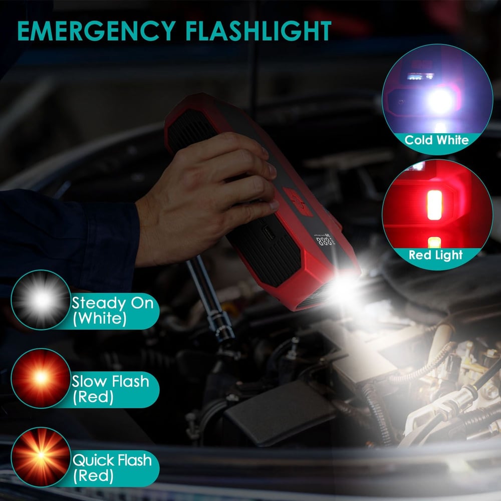 Hand holding a red emergency flashlight with multiple light modes (steady white, slow flash red, quick flash red) while illuminating an engine compartment, showcasing its practical use during roadside assistance.