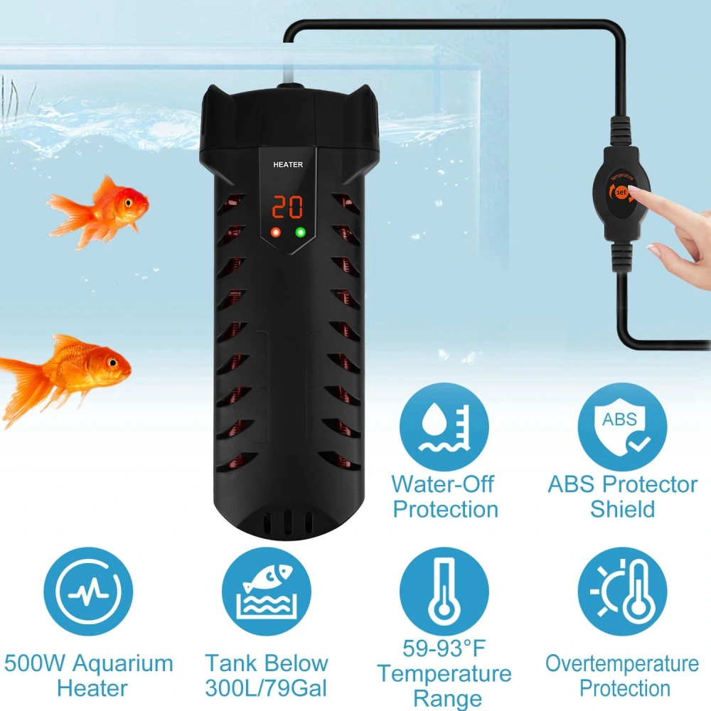 500W aquarium heater with temperature display, designed for tanks up to 300L/79Gal, featuring water-off and overtemperature protection, ideal for maintaining optimal water temperature between 59-93°F.