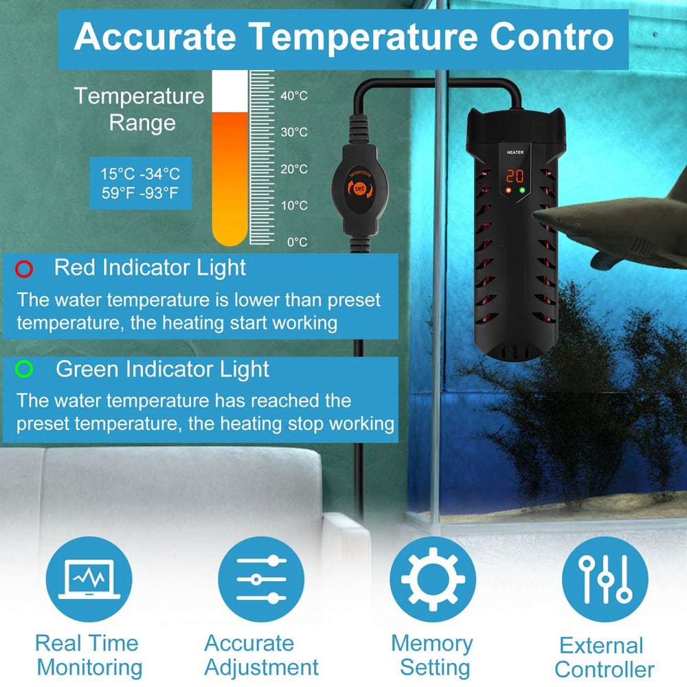 Aquarium heater with accurate temperature control, red and green indicator lights for temperature status, and features for real-time monitoring and adjustment.