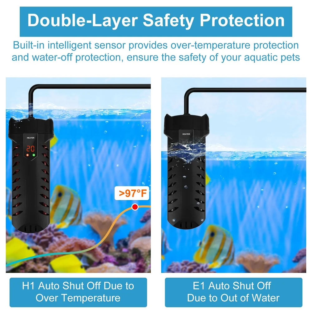 Image of a dual-function aquarium heater demonstrating its safety features, including digital temperature display and automatic shut-off for over-temperature and low water levels, ensuring the safety of aquatic pets.
