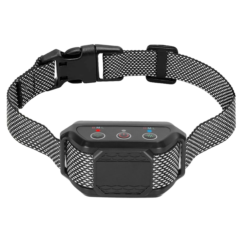 Black mesh dog training collar with adjustable strap and control buttons.